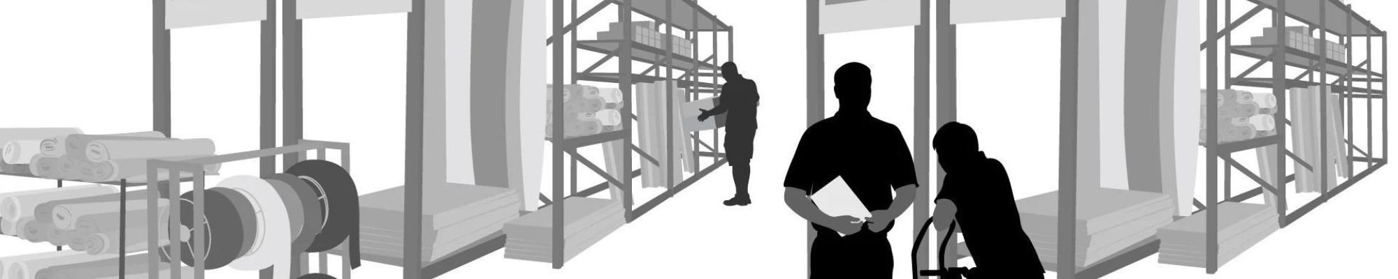 Line art of employees working in a warehouse - Solano Carpet in CA